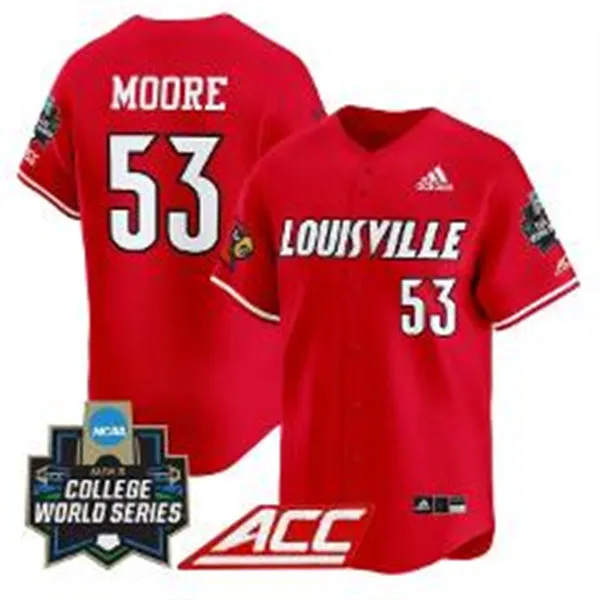Louisville Cardinals #53 Lucas Moore Red Full button 2025 College Baseball World Series Jersey
