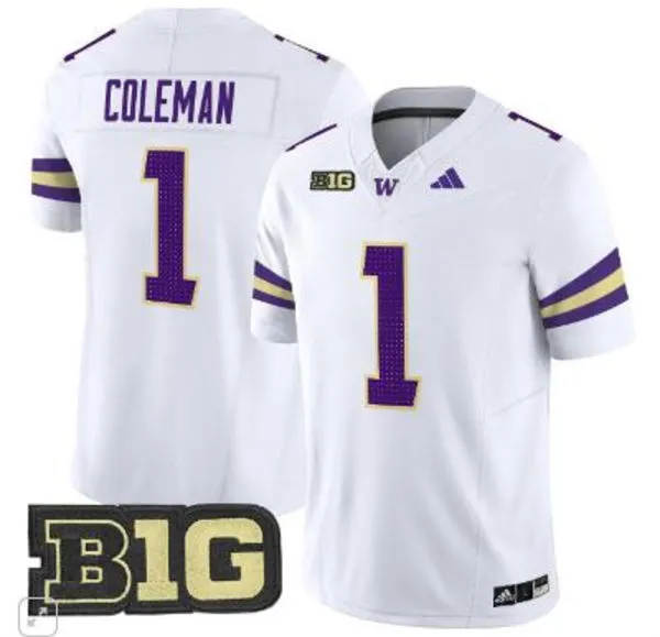 Washington Huskies #1 Jonah Coleman 2025 BIG 10 White Football Game Jersey