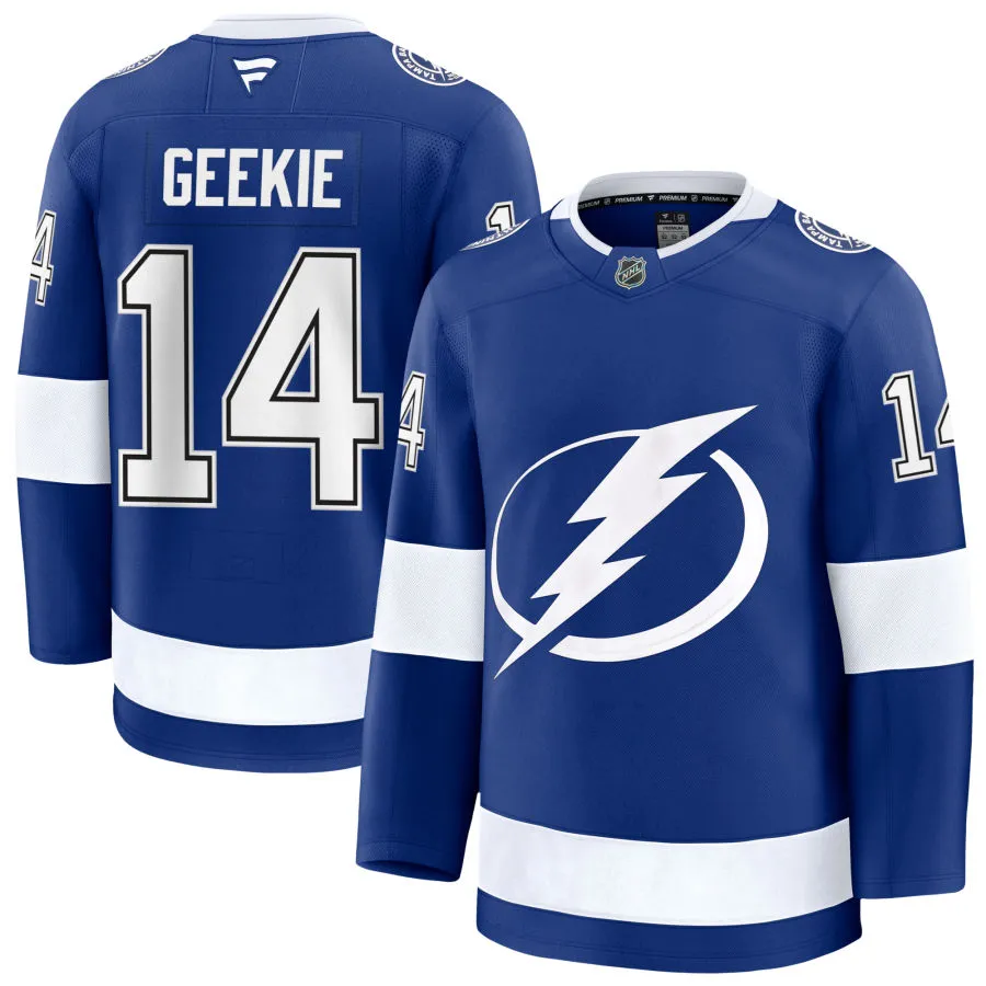 Mens Tampa Bay Lightning #14 Conor Geekie Fanatics Home Blue Premium Player Jersey