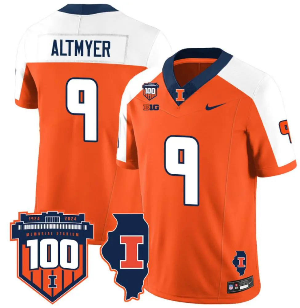 Men's Illinois Fighting Illini #9 Luke Altmyer Memorial Stadium 100TH Orange White Gratitude Football Limited Jersey 