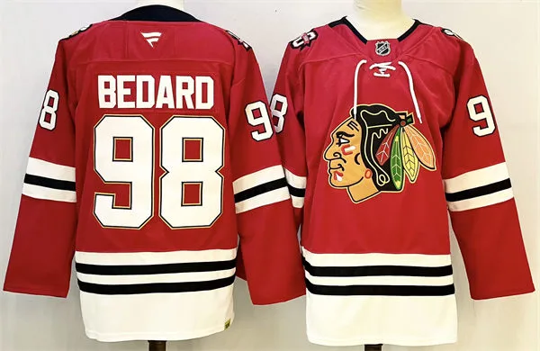 Mens Chicago Blackhawks #98 Connor Bedard Fanatics Red 100th Anniversary Jersey 