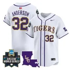 Mens LSU Tigers #32 Kade Anderson White 2025 College Baseball World Series Game Jersey