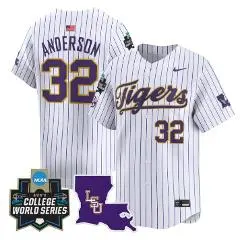 Mens LSU Tigers #32 Kade Anderson White Pinstripe with Name 2025 College Baseball World Series Game Jersey