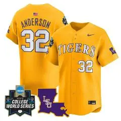 Mens LSU Tigers #32 Kade Anderson Gold 2025 College Baseball World Series Game Jersey