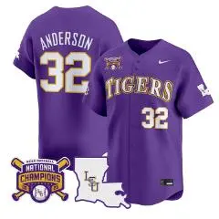 Mens LSU Tigers #32 Kade Anderson 2025 College Baseball World Series Champions Limited Jersey Purple