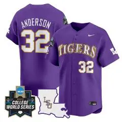 Mens LSU Tigers #32 Kade Anderson Purple 2025 College Baseball World Series Game Jersey