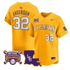 Mens LSU Tigers #32 Kade Anderson 2025 College Baseball World Series Champions Limited Jersey Gold