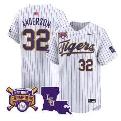 Mens LSU Tigers #32 Kade Anderson White Pinstripe with Name 2025 College Baseball World Series Champions Limited Jersey