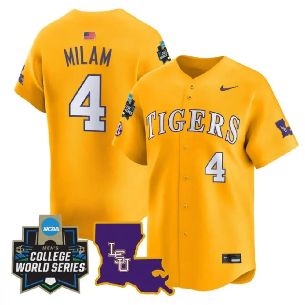 LSU Tigers #4 Steven Milam Gold 2025 College Baseball World Series Game Jersey