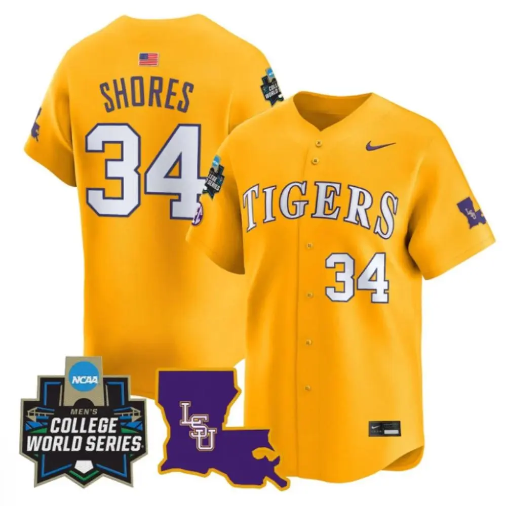 LSU Tigers #34 Chase Shores Gold 2025 College Baseball World Series Game Jersey