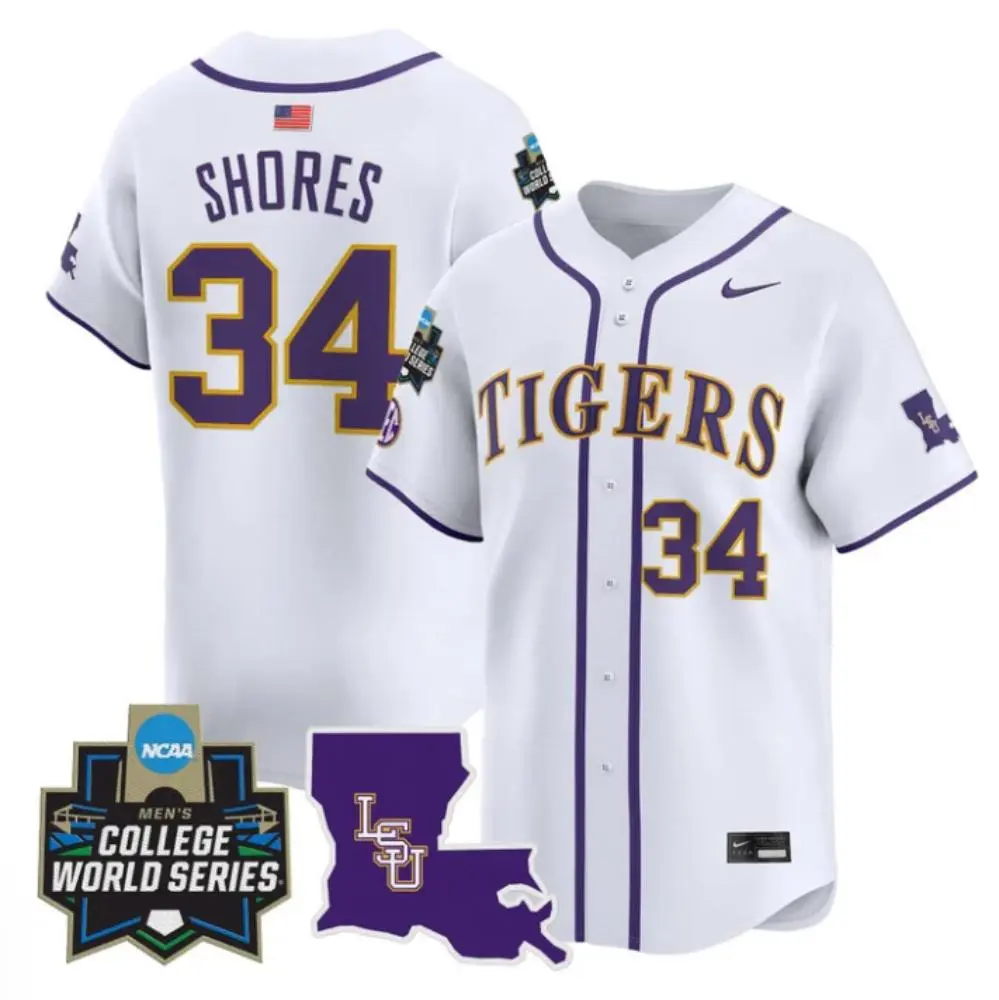 LSU Tigers #34 Chase Shores White 2025 College Baseball World Series Game Jersey
