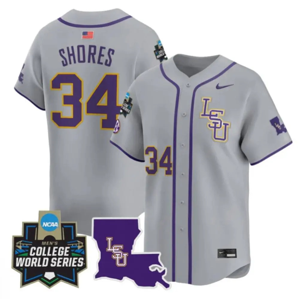 LSU Tigers #34 Chase Shores Gray LSU 2025 College Baseball World Series Game Jersey