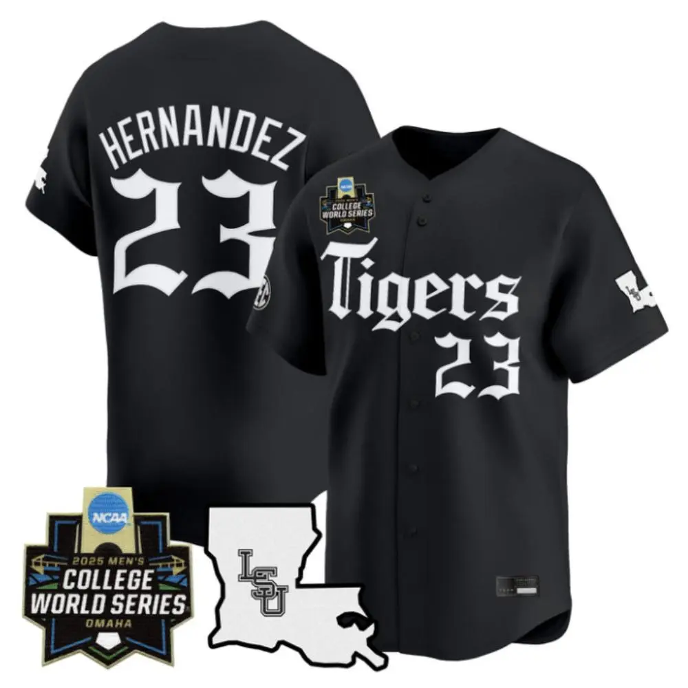 LSU Tigers #23 Luis Hernandez Black Latin Night 2025 College Baseball World Series Jersey