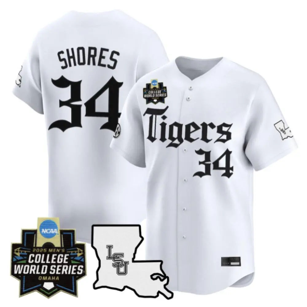 LSU Tigers #34 Chase Shores White Latin Night 2025 College Baseball World Series Jersey