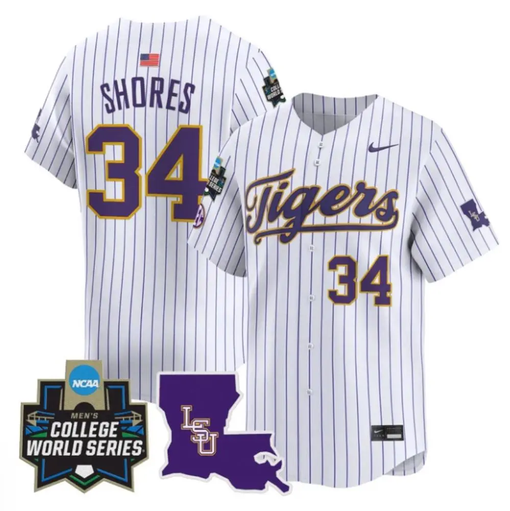 LSU Tigers #34 Chase Shores White Pinstripe with Name 2025 College Baseball World Series Game Jersey