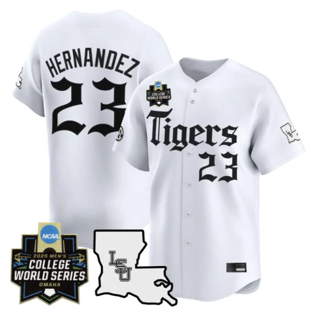 LSU Tigers #23 Luis Hernandez White Latin Night 2025 College Baseball World Series Jersey
