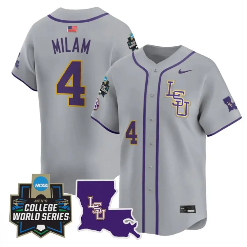 LSU Tigers #4 Steven Milam Gray LSU 2025 College Baseball World Series Game Jersey