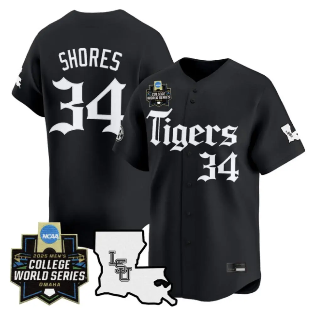 LSU Tigers #34 Chase Shores Black Latin Night 2025 College Baseball World Series Jersey