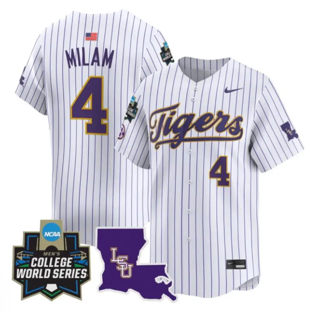 LSU Tigers #4 Steven Milam White Pinstripe with Name 2025 College Baseball World Series Game Jersey