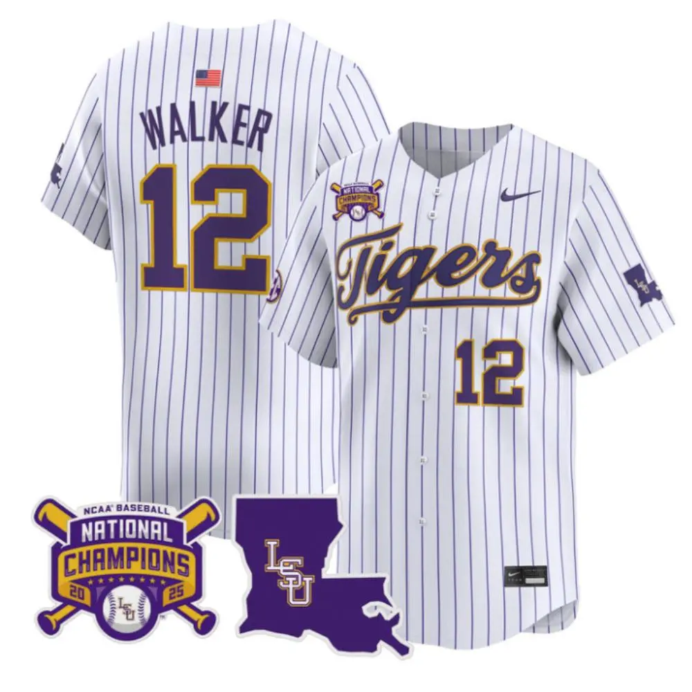 LSU Tigers #12 Todd Walker White Pinstripe with Name 2025 College Baseball World Series Champions Limited Jersey