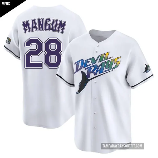 Mens Tampa Bay Rays #28 Jake Mangum White 25th Anniversary Retro Limited Jersey