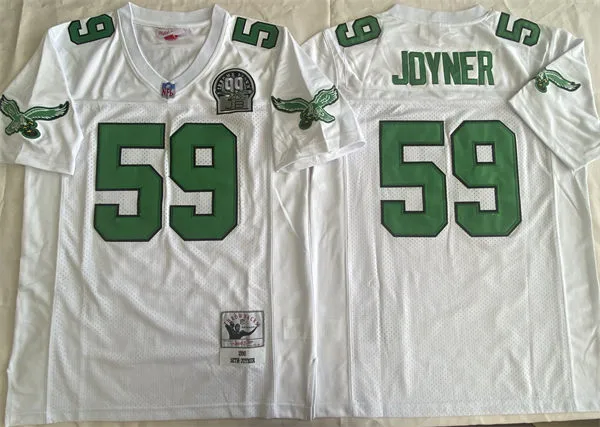 Mens Philadelphia Eagles #59 Seth Joyner 1990 White Throwback 99 Honor Patch Jersey