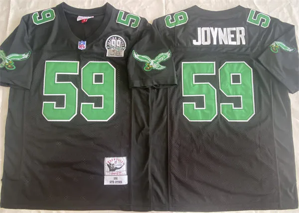 Mens Philadelphia Eagles #59 Seth Joyner 1990 Black Throwback 99 Honor Patch Jersey