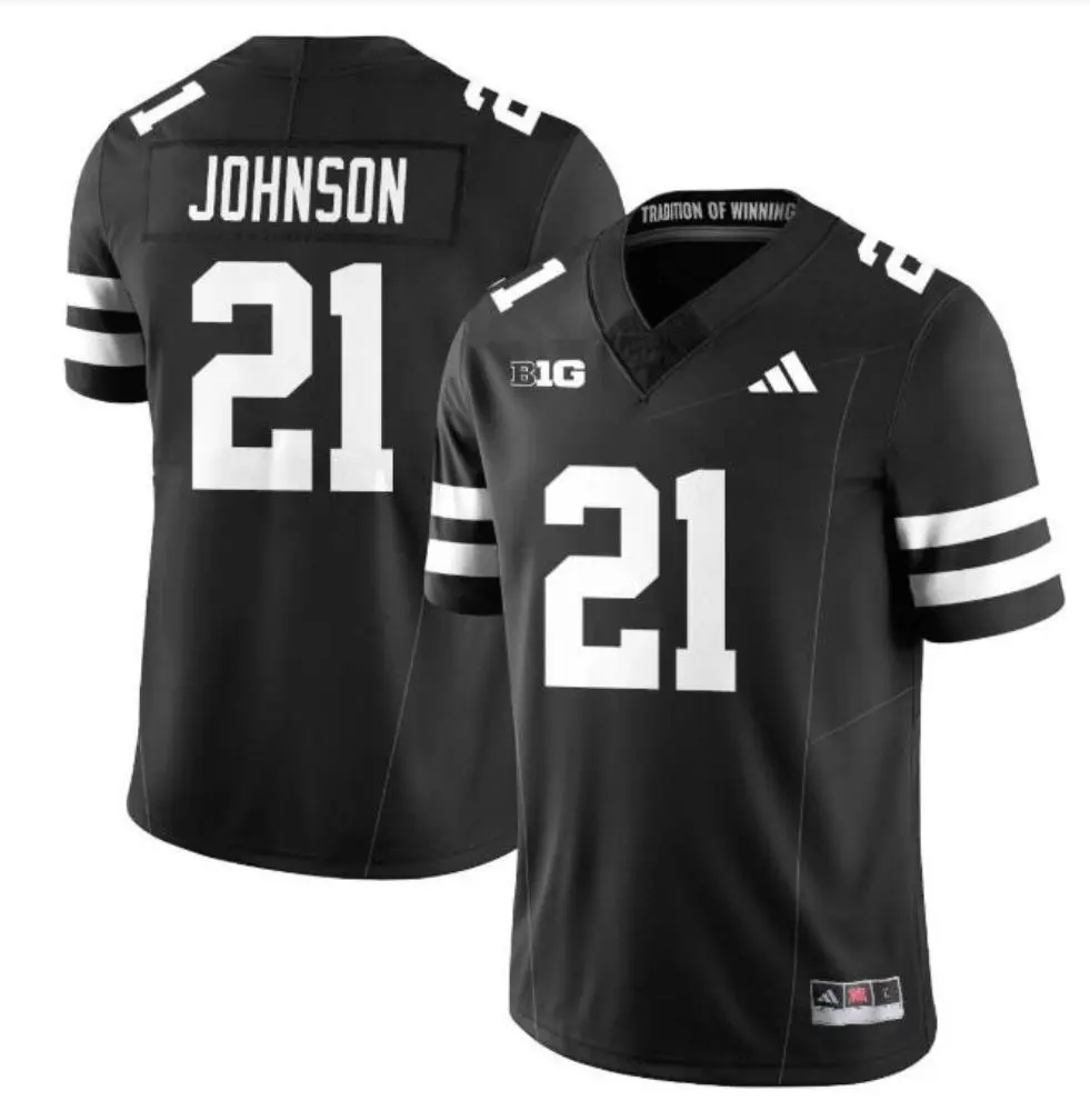 Nebraska Huskers #21 Emmett Johnson 2025 All Black ALTERNATE Football Game Jersey