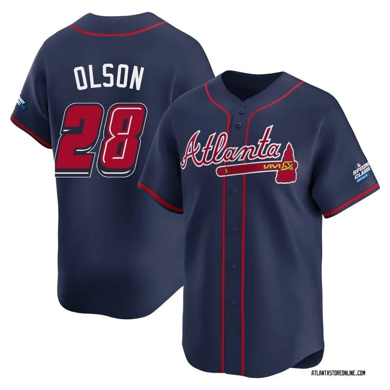 Mens Atlanta Braves #28 Matt Olson Navy 2025 MLB Speedway Classic Alternate Limited Jersey 