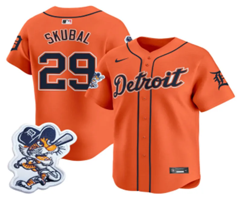 Men's Detroit Tigers #29 Tarik Skubal Orange Paws Patch Limited Jersey