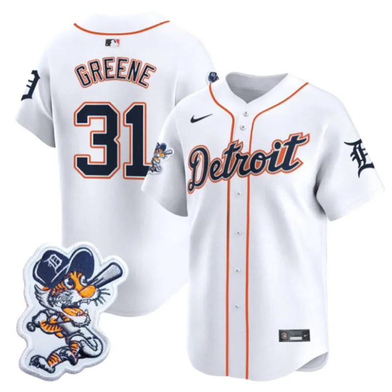 Men's Detroit Tigers #31 Riley Greene White Paws Patch Limited Jersey