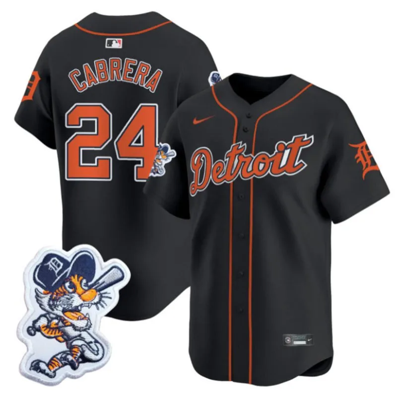 Men's Detroit Tigers #24 Miguel Cabrera Navy Paws Patch Limited Jersey 