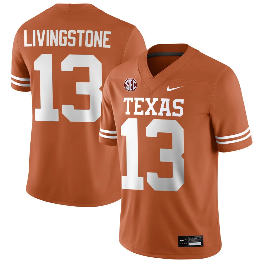 Texas Longhorns #13 Parker Livingstone 2025 SEC Orange College Football Game Jersey