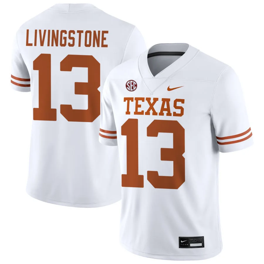 Texas Longhorns #13 Parker Livingstone 2025 SEC white College Football Game Jersey