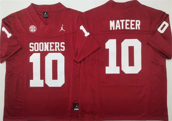 Mens Oklahoma Sooners #10 John Mateer Crimson 2025 SEC Football Game Jersey