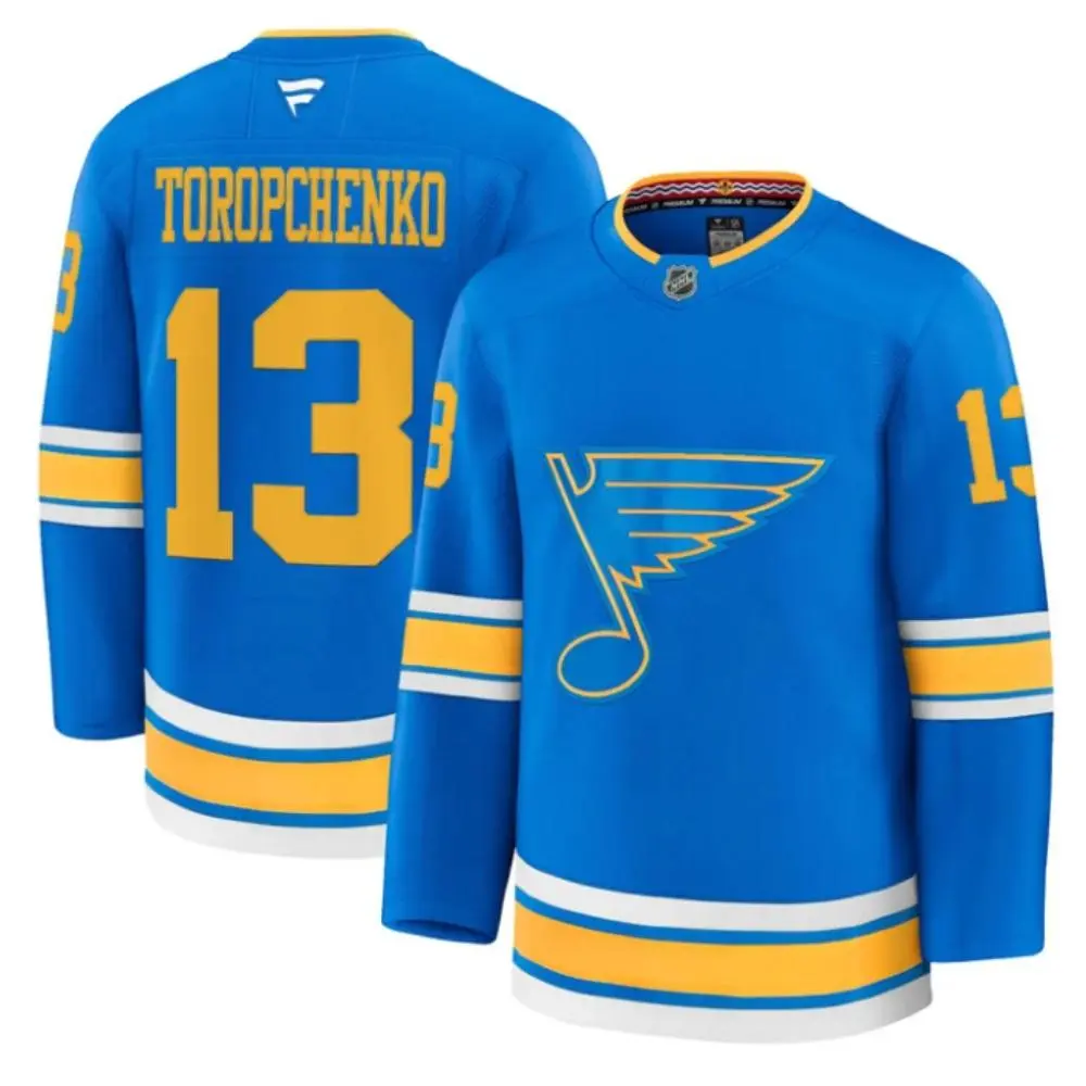 Mens St. Louis Blues #13 Alexey Toropchenko Fanatics 2025 Home Blue Player Premium Jersey