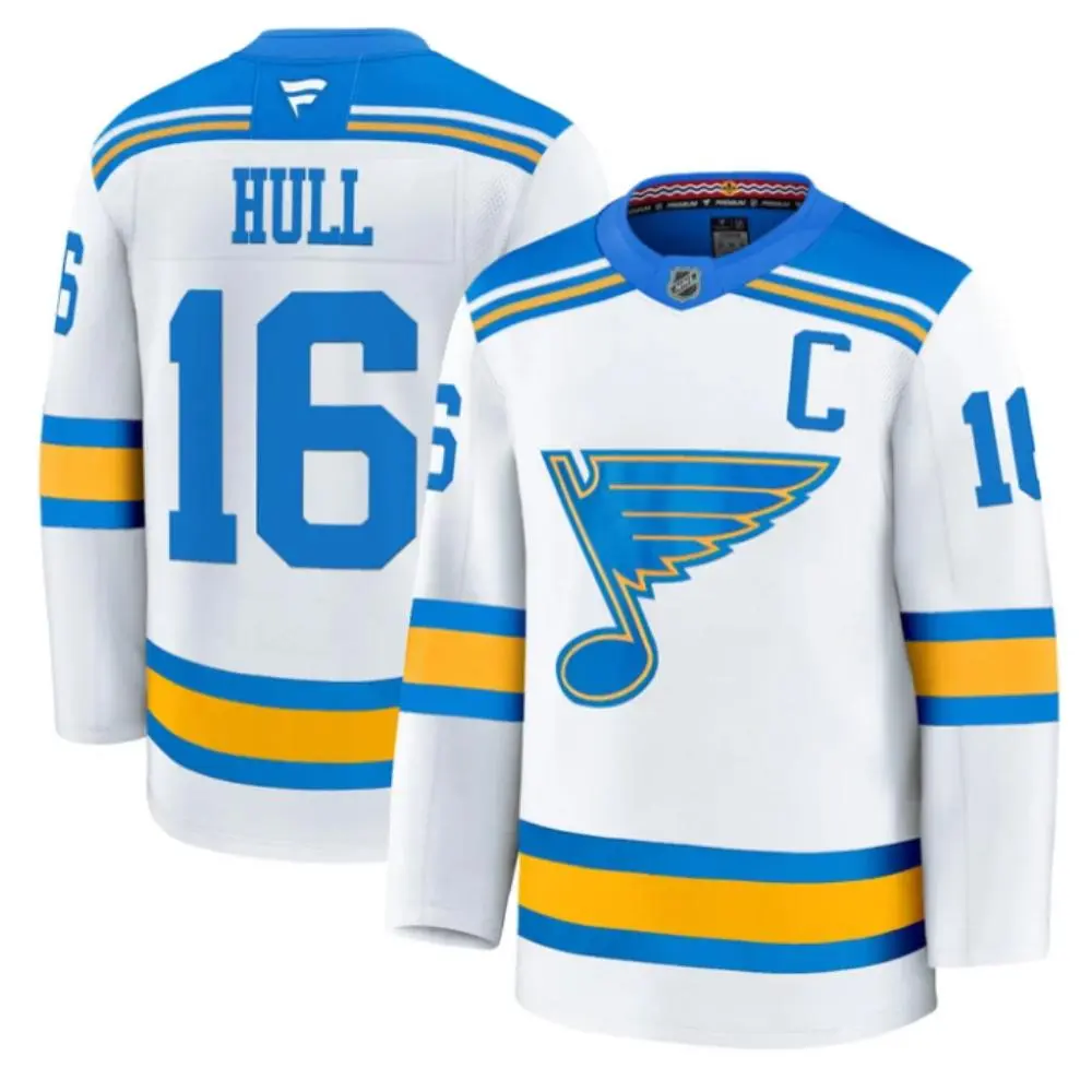 Mens St. Louis Blues Retired Player #16 Brett Hull Fanatics 2025 White Away Player Premium Jersey