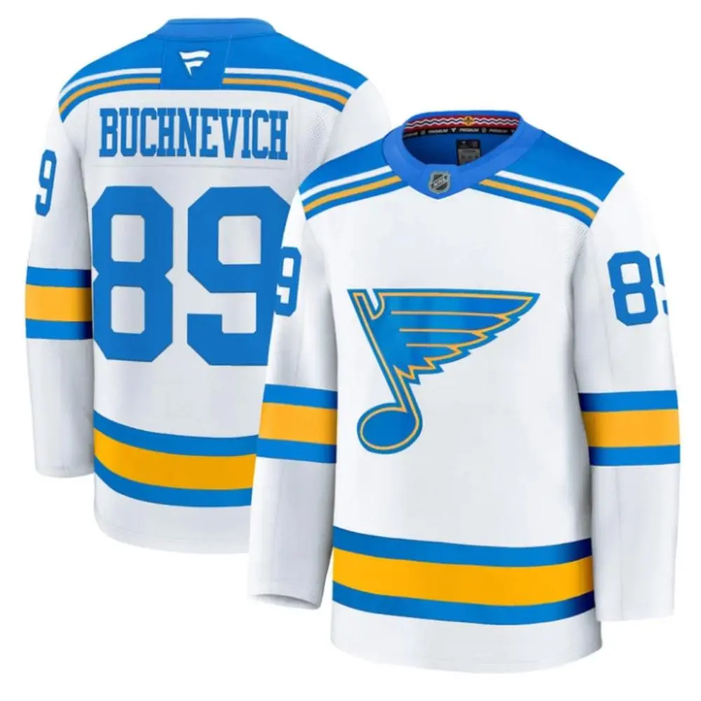 Mens St. Louis Blues #89 Pavel Buchnevich Fanatics 2025 White Away Player Premium Jersey