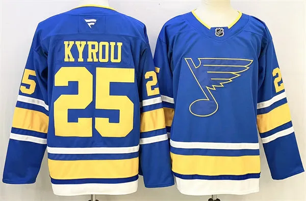 Mens St. Louis Blues #25 Jordan Kyrou Fanatics 2025 Home Blue Player Premium Jersey