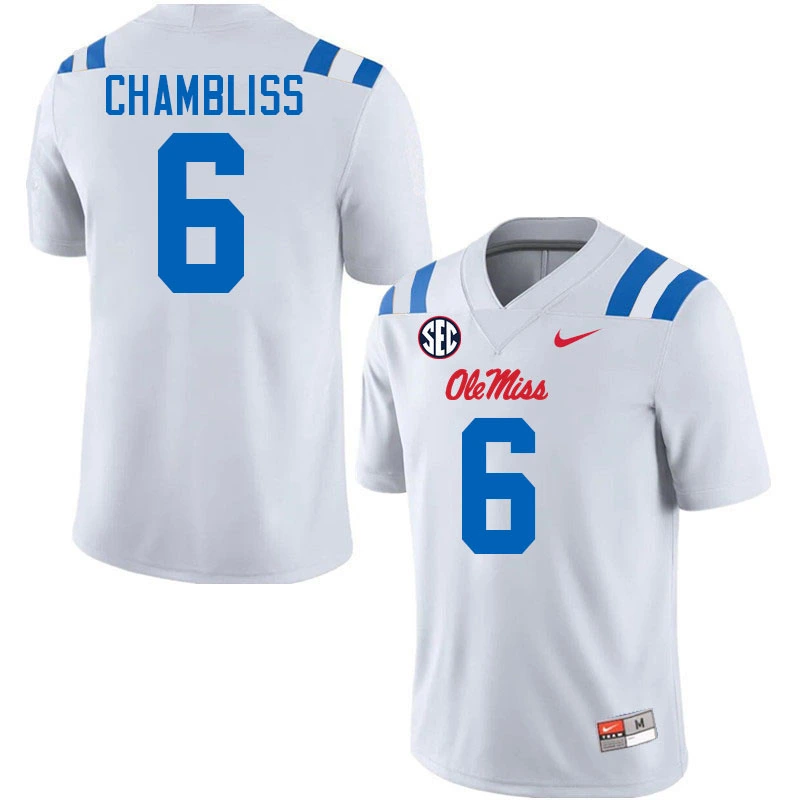 Ole Miss Rebels #6 Trinidad Chambliss 2025 White Blue College Football Game Jersey