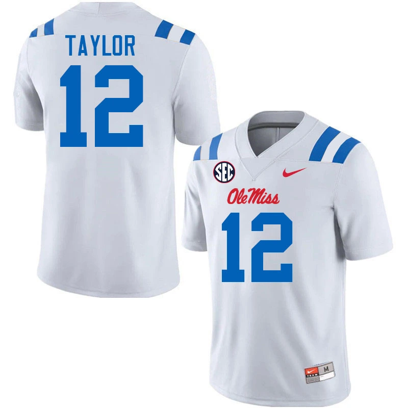 Ole Miss Rebels #12 Damien Taylor 2025 White Blue College Football Game Jersey