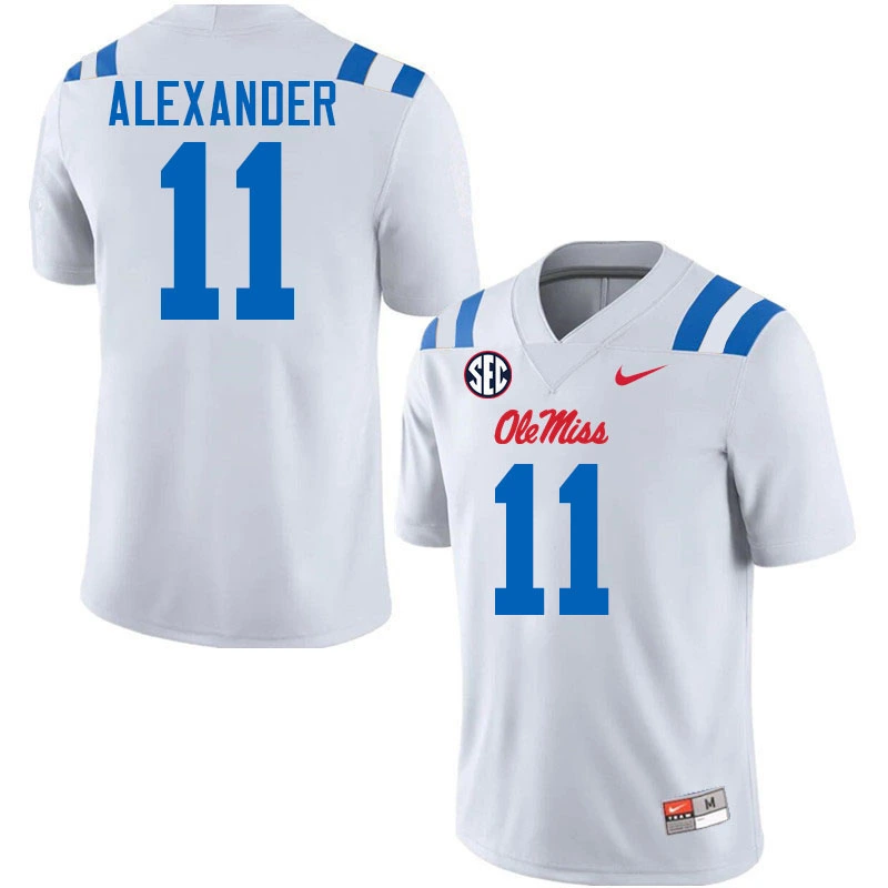 Ole Miss Rebels #11 Deuce Alexander 2025 White Blue College Football Game Jersey