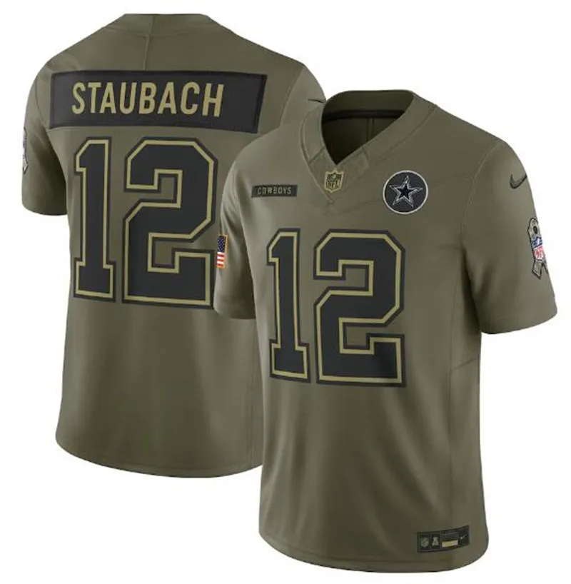 Mens Dallas Cowboys #12 Roger Staubach Nike 2025 Salute to Service Retired Limited Jersey - Olive