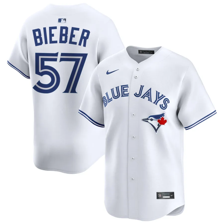 Mens Toronto Blue Jays #57 Shane Bieber Nike White Home Limited Player Jersey