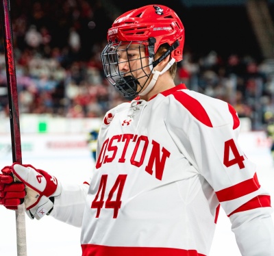 Boston University Terriers #44 Cole Hutson White Boston Hockey Jersey
