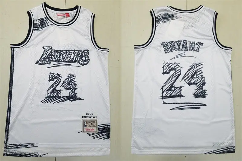 Mens Los Angeles Lakers #24 Kobe Bryant White sketch designed 2007-08 Throwback Jersey 