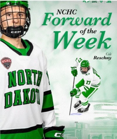 North Dakota Fighting Hawks #17 Cole Reschny 2026 White North Dakota College Hockey Game Jersey.jpg 