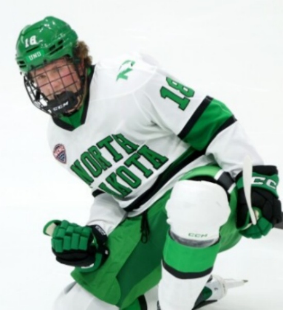 North Dakota Fighting Hawks #18 Keaton Verhoeff 2026 White North Dakota College Hockey Game Jersey.jpg 
