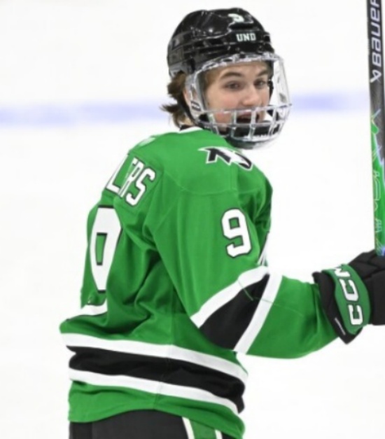 North Dakota Fighting Hawks #9 Will Zellers 2026 Green College Hockey Game Jersey.jpg