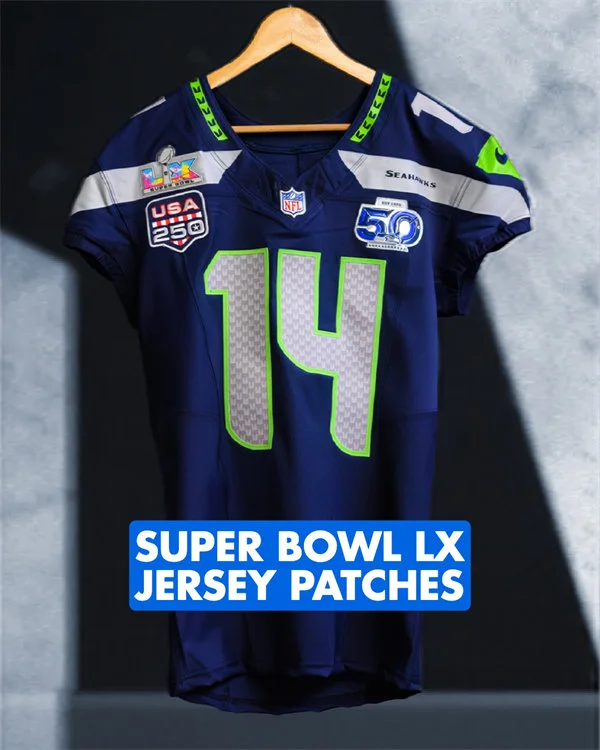 Seahawks Super Bowl LX Jerseys 3 Patches Seahawks 50Th anniversary Patch USA250TH patch Super Bowl LX Patch